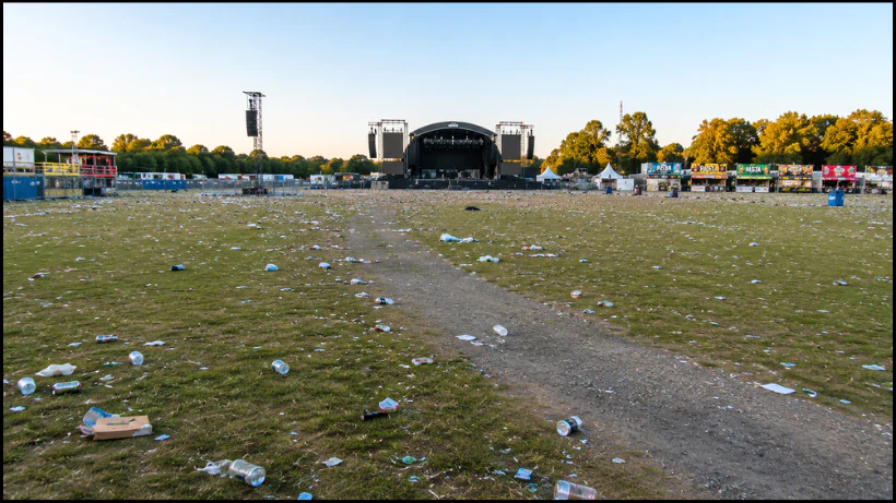 Leeres Festivalgelände nach einem großen Event mit verstreutem Müll, Bühne, Wegen und Ständen – typische Bereiche, in denen Sondler viele moderne Münzen und Schmuckstücke finden.