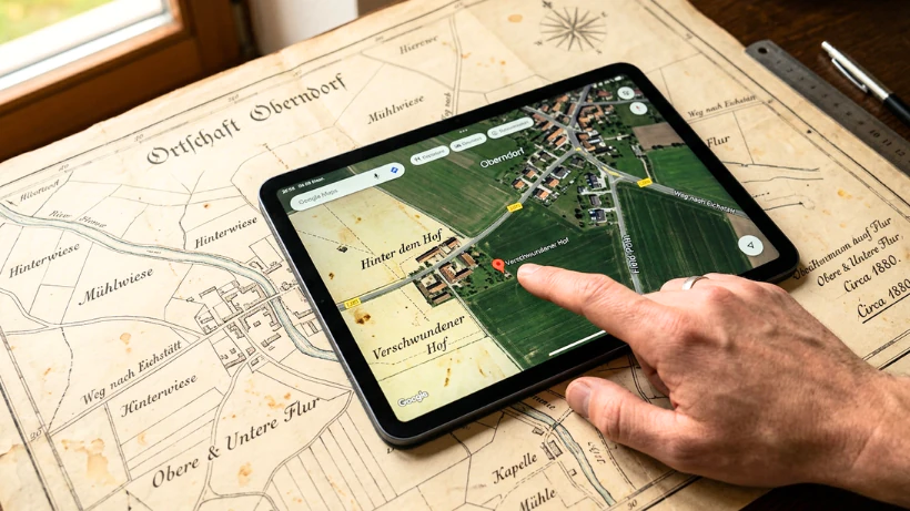 Hand zeigt auf ein Tablet mit Google‑Maps‑Ansicht, das auf einer alten historischen Karte liegt – moderne Satellitenbilder und alte Kartendaten im direkten Vergleich als Methode zur Suche nach guten Sondelstellen.