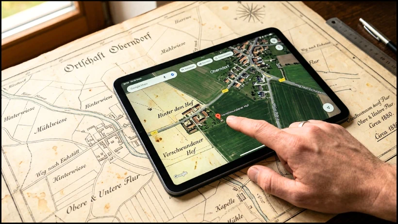 Tablet mit Google‑Maps‑Ansicht, das auf einer alten historischen Karte liegt – moderne Satellitenbilder und alte Kartendaten im direkten Vergleich als Methode zur Suche nach guten Sondelstellen.