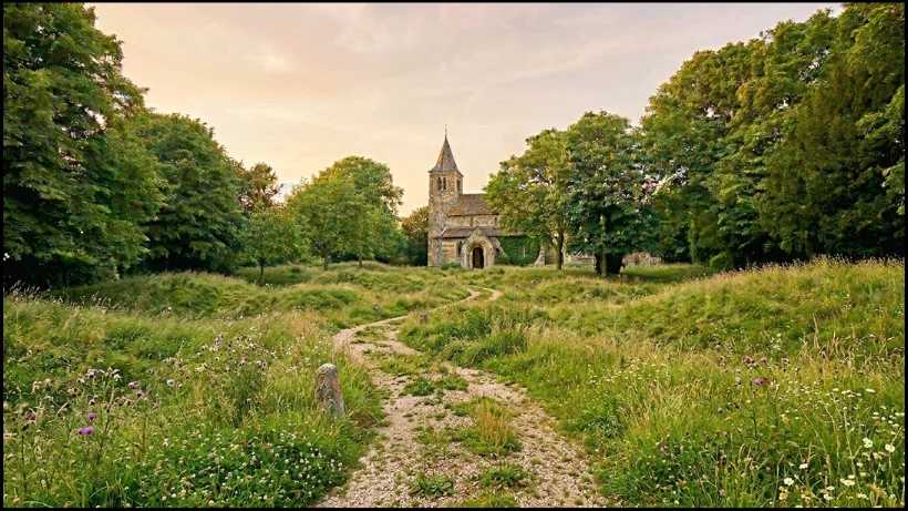 Alter Kirchenweg mit Wegkreuz, Steinmarker und Blick auf eine kleine Kirche – ein historischer Suchplatz, den Menschen über viele Jahrhunderte genutzt haben.