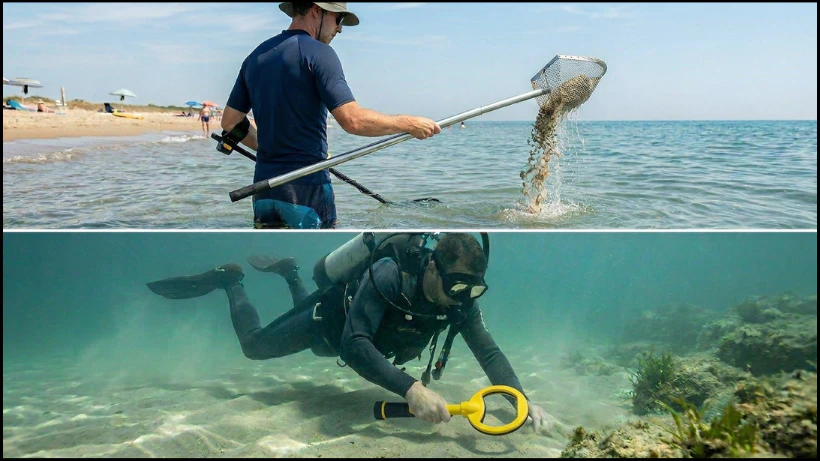 Geteiltes Bild mit zwei Szenen zu gute Plätze zum Sondeln: Oben steht ein Mann im hüfthohen Meerwasser und arbeitet mit Metalldetektor und Sandscoop am Strand. Unten sucht ein Taucher mit einem kleinen gelben Unterwasserdetektor den sandigen Meeresboden ab.