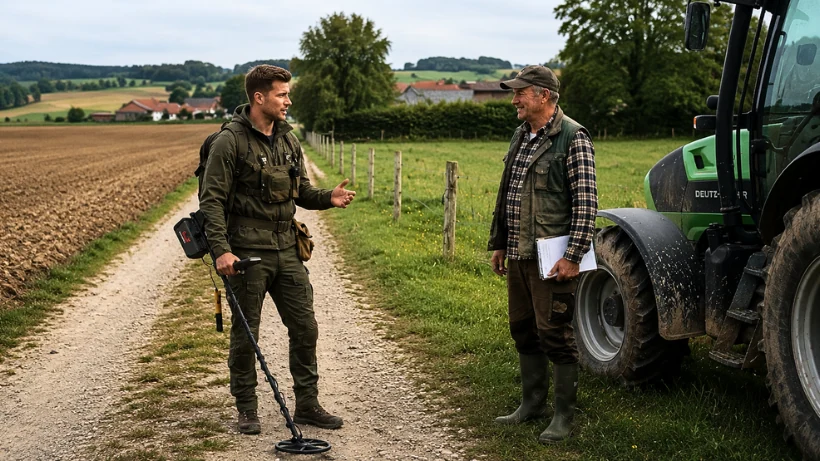 Ein Sondler steht mit seinem Metalldetektor am Feldrand und spricht mit einem Landwirt neben dessen Traktor, um die Nutzung des Grundstücks und die Erlaubnis zum Sondeln abzuklären.