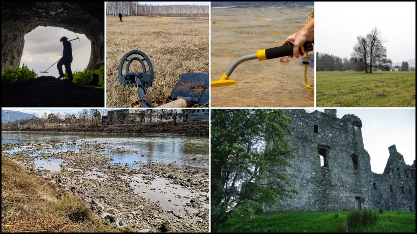 Verschiedene typische Sondelplätze wie Wiese, Flussufer, Wald und historische Anlagen mit Metalldetektor, Schaufel und Suchszene – ideale Fundorte für Schatzsucher.