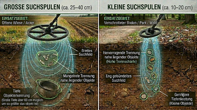 Vergleichsgrafik mit großer und kleiner Metalldetektor‑Suchspule: Links eine große Spule über einer Wiese mit breitem, tief reichendem Suchfeld und schlechter Zieltrennung; rechts eine kleine Spule über Wald- oder Parkboden mit eng gebündeltem Suchfeld, sauberer Zieltrennung und geringerer Tiefenleistung.