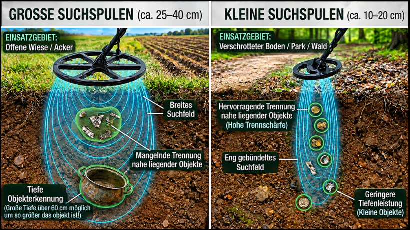 Vergleichsgrafik mit großer und kleiner Metalldetektor‑Suchspule: Links eine große Spule über einer Wiese mit breitem, tief reichendem Suchfeld und schlechter Zieltrennung; rechts eine kleine Spule über Wald- oder Parkboden mit eng gebündeltem Suchfeld, sauberer Zieltrennung und geringerer Tiefenleistung.