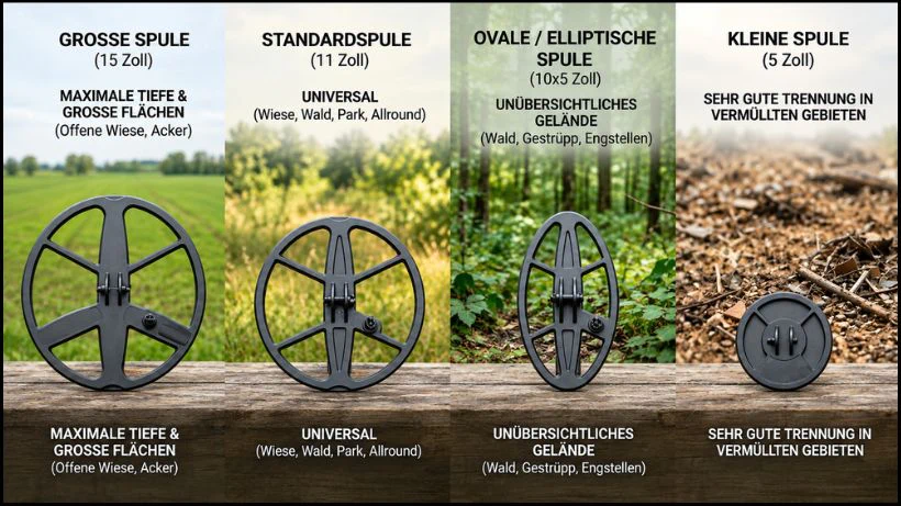 Vier unterschiedliche Metalldetektor‑Suchspulen – groß, Standard, oval und klein – nebeneinander auf Holz, jeweils mit einem passenden Hintergrund für ihr Einsatzgebiet wie Wiese, Wald, Gestrüpp und verschrottete Flächen.