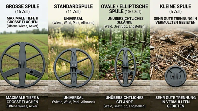 Vier unterschiedliche Metalldetektor‑Suchspulen – groß, Standard, oval und klein – nebeneinander auf Holz, jeweils mit einem passenden Hintergrund für ihr Einsatzgebiet wie Wiese, Wald, Gestrüpp und verschrottete Flächen.