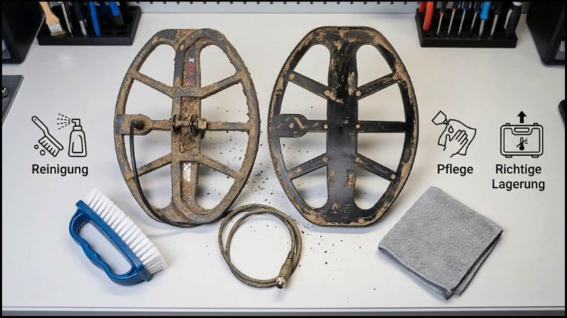 Eine Metalldetektor‑Suchspule mit Spulenschutz daneben. Reinigungsbürste, Tuch und Spulenkabel – Darstellung von Reinigung, Pflege und korrekter Lagerung.