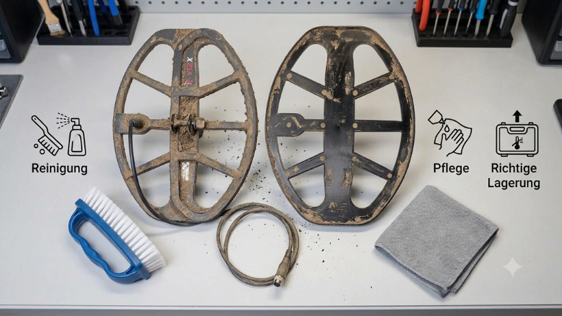Zwei Metalldetektor‑Suchspulen auf einer Werkbank, eine verschmutzt und eine gereinigt, daneben Reinigungsbürste, Tuch und Spulenkabel – Darstellung von Reinigung, Pflege und korrekter Lagerung.