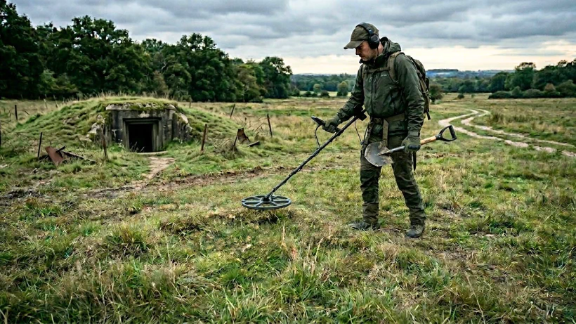 Person sondelt mit Metalldetektor und großer Spule auf einem offenen Feld; typische Umgebung für Militaria‑Sondeln mit Fokus auf tief liegende historische Funde.