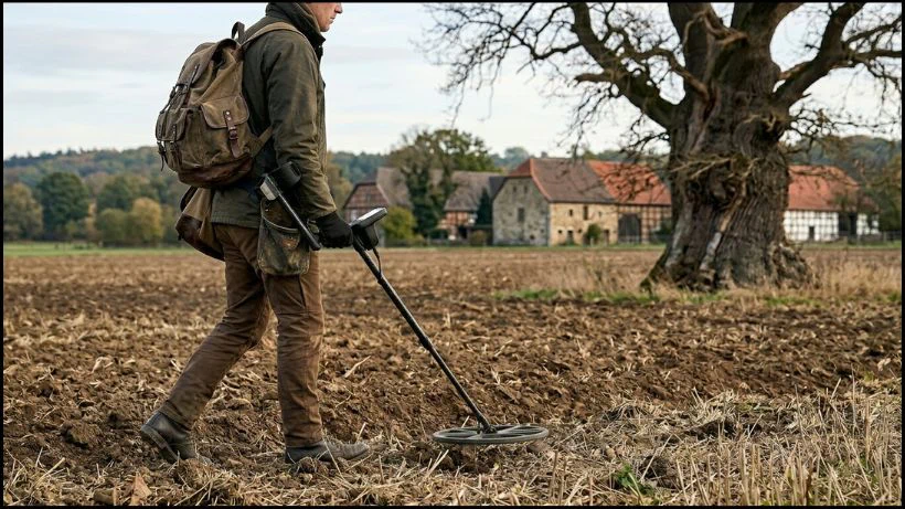 Person sondelt mit Metalldetektor auf einem gepflügten Acker; im Hintergrund stehen alte Gebäude und ein großer Baum, ideal für gute Funde
