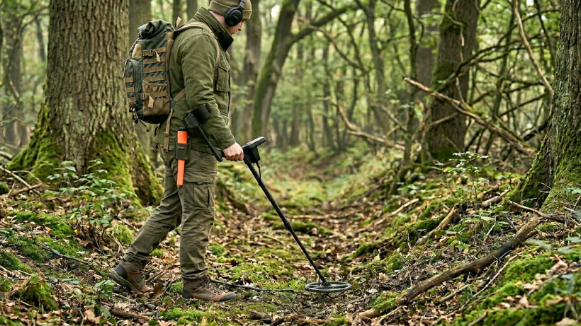 Person sondelt mit Metalldetektor auf einem moosigen Waldweg; dichter Bewuchs, Wurzeln und Bäume zeigen typische Bedingungen für Spezialspulen im Wald.