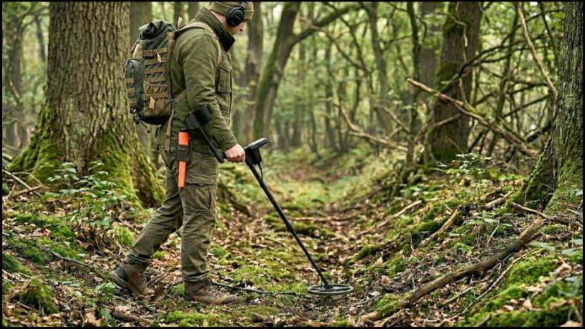 Person sondelt mit Metalldetektor auf einem moosigen Waldweg; dichter Bewuchs, Wurzeln und Bäume zeigen typische Bedingungen für Spezialspulen im Wald.