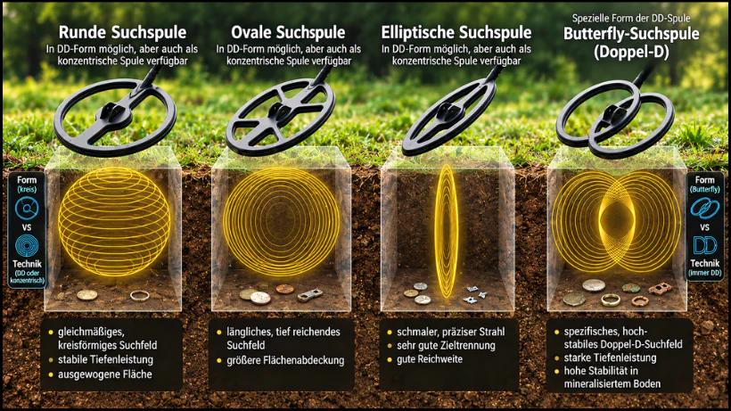 Vergleichsgrafik von vier Metalldetektor‑Suchspulenformen: rund, oval, elliptisch und Butterfly. Jede Spule zeigt ihr typisches elektromagnetisches Suchfeld sowie die Unterschiede in Tiefenleistung, Flächenabdeckung und Zieltrennung; runde, ovale und elliptische Spulen als DD oder konzentrisch möglich, Butterfly immer DD.