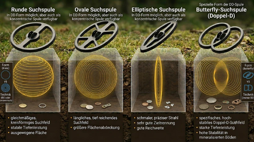 Vergleichsgrafik von vier Metalldetektor‑Suchspulenformen: rund, oval, elliptisch und Butterfly. Jede Spule zeigt ihr typisches elektromagnetisches Suchfeld sowie die Unterschiede in Tiefenleistung, Flächenabdeckung und Zieltrennung; runde, ovale und elliptische Spulen als DD oder konzentrisch möglich, Butterfly immer DD.