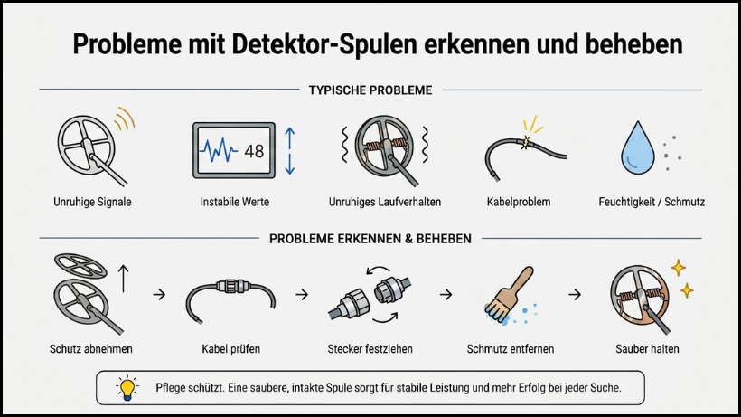 Infografik mit Metalldetektor‑Spule, Kabel und Stecker, die typische Probleme wie instabile Signale, Kabelbruch, Feuchtigkeit und Verschmutzung zeigt sowie Schritte zur Fehlerbehebung.