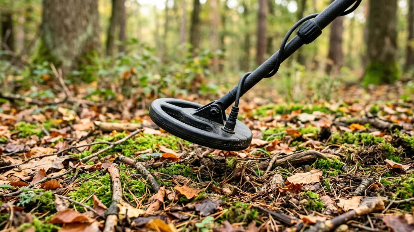 Kleine Metalldetektor‑Suchspule in Nahaufnahme über dem Waldboden mit Laub und Wurzeln; ideal für präzises Sondeln in engen Bereichen.