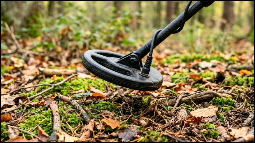 Kleine Metalldetektor‑Suchspule in Nahaufnahme über dem Waldboden mit Laub und Wurzeln; ideal für präzises Sondeln in engen Bereichen.