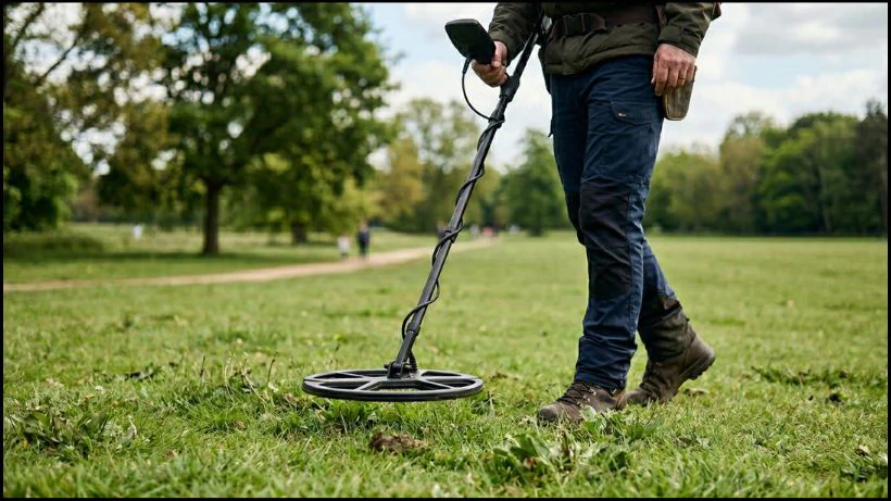 Ein Schatzsucher führt einen Metalldetektor mit Standardspule über eine Parkwiese. Die Spule schwebt knapp über dem Gras, im Hintergrund sind Bäume und ein Weg leicht unscharf zu sehen.