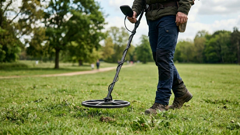 Ein Schatzsucher führt einen Metalldetektor mit Standardspule über eine Parkwiese. Die Spule schwebt knapp über dem Gras, im Hintergrund sind Bäume und ein Weg leicht unscharf zu sehen.