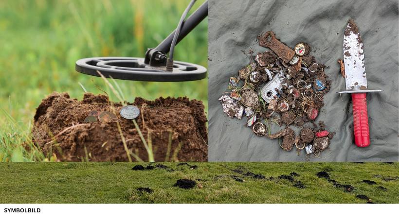 Ackerfunde mit Metalldetektor, alte Münze und Schrott