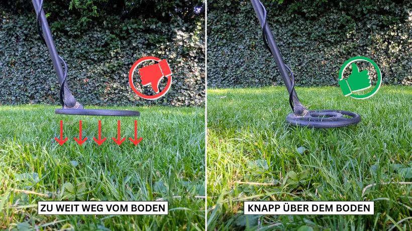 Metalldetektor‑Spule im direkten Vergleich: links deutlich zu hoch über dem Boden geführt und dadurch fehlerhafte Schwenktechnik mit Signalverlust, rechts korrekt bodennah und parallel zum Boden für optimale Tiefenleistung, saubere Signalaufnahme und maximale Fundchance beim Sondeln.
