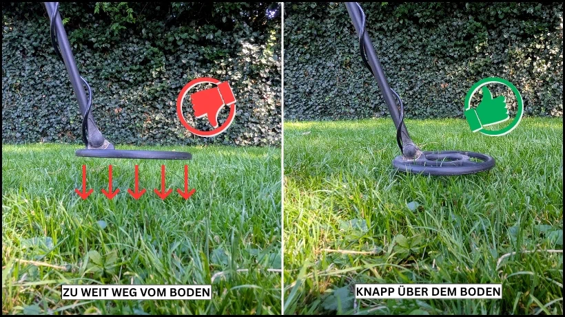 Metalldetektor‑Spule im direkten Vergleich: links deutlich zu hoch über dem Boden geführt und dadurch fehlerhafte Schwenktechnik mit Signalverlust, rechts korrekt bodennah und parallel zum Boden für optimale Tiefenleistung, saubere Signalaufnahme und maximale Fundchance beim Sondeln.