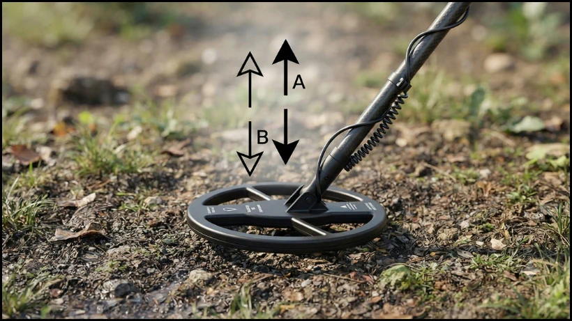Metalldetektor‑Suchspule mit Gestänge auf natürlichem Boden, schwarze Pfeile zeigen die Auf‑ und Abbewegung für den korrekten Bodenabgleich beim Sondeln.