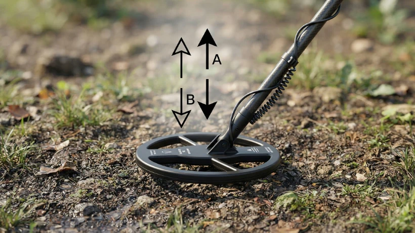 Metalldetektor‑Suchspule mit Gestänge auf natürlichem Boden, schwarze Pfeile zeigen die Auf‑ und Abbewegung für den korrekten Bodenabgleich beim Sondeln.