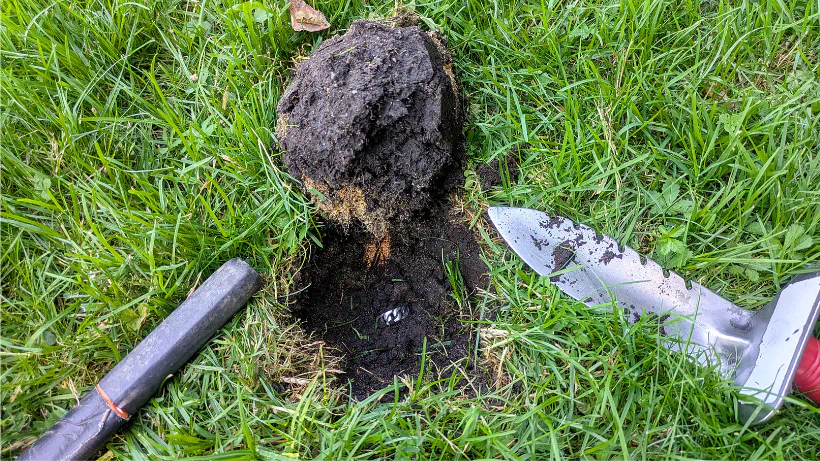 Sauber ausgestochener Plug auf Wiese, Metallfund im Loch sichtbar, Grabungsmesser und Pinpointer zeigen vorsichtiges Graben und sicheres Bergen beim Sondeln.