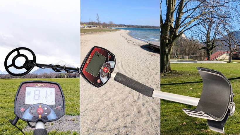 Teknetics Eurotek Pro Metalldetektor im Einsatz auf Wiese, Strand und Park. Das Bild zeigt die typischen Einsatzgebiete für Einsteiger und Hobby‑Sondengänger