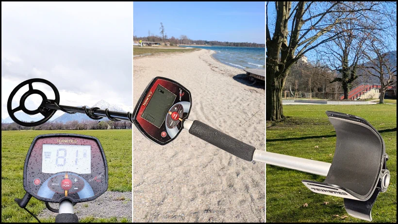 Teknetics Eurotek Pro Metalldetektor im Einsatz auf Wiese (Acker), Strand und Park. Das Bild zeigt die typischen Einsatzgebiete für Einsteiger und Hobby‑Sondengänger.