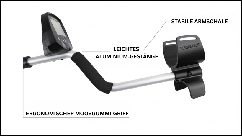 Ergonomischer Griff, leichte Armschale und ausgewogenes Gestänge des Teknetics Eurotek Pro in Nahaufnahme zur Verdeutlichung des komfortablen Handlings.