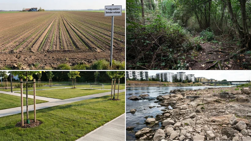 Ungeeignete Suchplätze für Metalldetektoren: frisch gesäter Acker mit jungen Pflanzen, dicht verwachsenes Waldgebiet mit Unterwuchs, moderner Park ohne historische Nutzung und Flussufer ohne alte Wege oder frühere Aktivitäten.