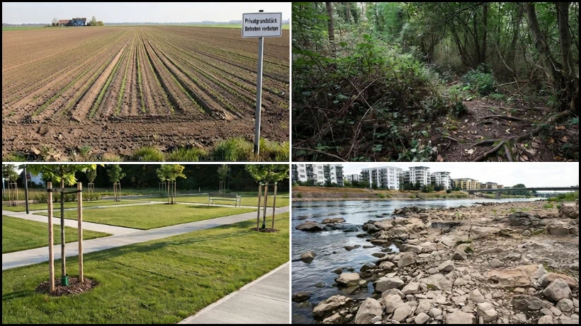 Ungeeignete Suchplätze für Metalldetektoren: frisch gesäter Acker mit jungen Pflanzen, dicht verwachsenes Waldgebiet mit Unterwuchs, moderner Park ohne historische Nutzung und Flussufer ohne alte Wege oder frühere Aktivitäten.