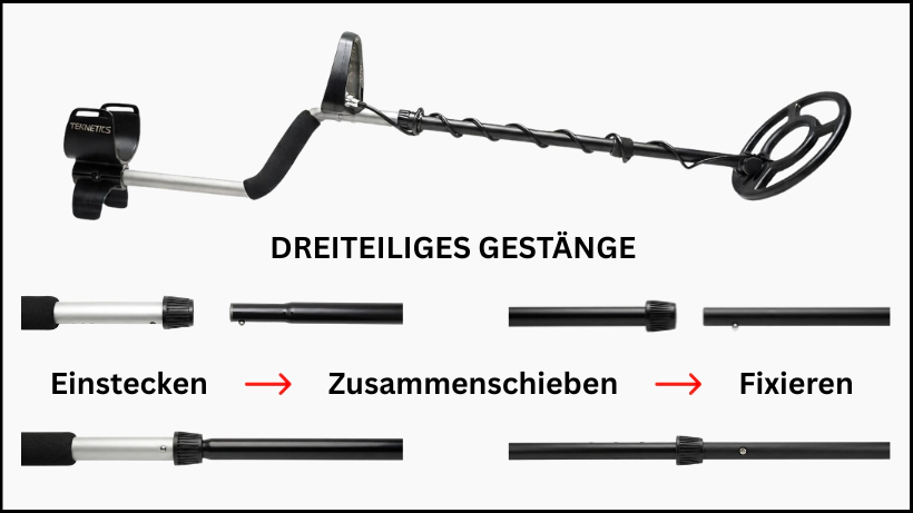 Dreiteiliges Gestänge des Teknetics Eurotek Pro – einfache Montage durch Einstecken, Zusammenschieben und Fixieren für stabile Führung beim Sondeln