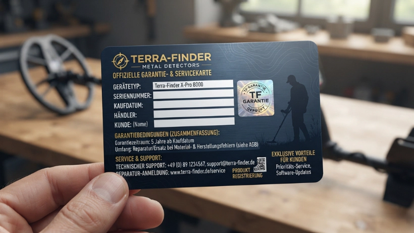 Hand hält eine Service‑ und Garantiekarte für einen Metalldetektor; für typische Ersatzteile wie Akkus, Werkzeug und Detektorkomponenten, die eine Wartungs‑ oder Reparatursituation darstellen.