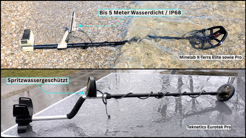 Vergleich der Wasserdichtigkeit von Metalldetektoren: Oben der Minelab X‑Terra Elite (KW: wasserdicht, IP68, Unterwasser‑Sondeln), vollständig wasserdicht bis 5 m; unten der Teknetics Eurotek Pro (KW: spritzwassergeschützt, Einsteiger‑Detektor, Leitwertanzeige), geeignet für Suche an Land und seichten Uferbereichen.