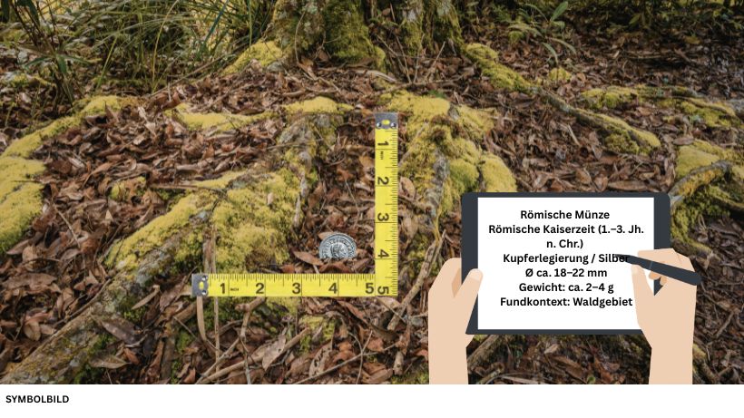 Halb-im-Waldboden-liegende-roemische-Muenze-mit-Massband-zur-Groessenbestimmung-daneben-archaeologische-Dokumentationstafel-mit-Funddaten