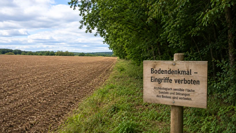 Hinweisschild „Archäologisch sensible Fläche – Sondeln verboten“ zwischen Ackerfläche und Wald, zeigt geschützten Fundkontext und verbotene Bereiche für Metalldetektoren.