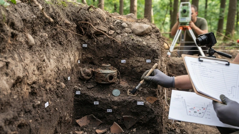 Archäologische Grabung mit freigelegten Erdschichten und markierten Funden im Wald – zeigt, warum Fundkontext und Lage im Boden entscheidend sind.