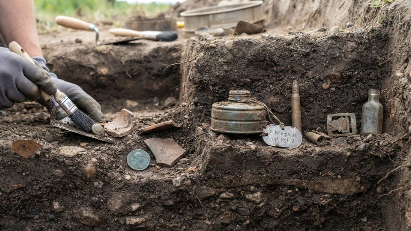 Archäologische Freilegung moderner historischer Funde wie Abzeichen, Münzen, Flasche und Metallobjekte im Boden – zeigt, warum Fundkontext wichtiger ist als das Alter eines Fundes.