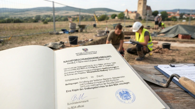Offizielle Nachforschungsgenehmigung des Bundesdenkmalamts vor einer archäologischen Grabung – zeigt, dass archäologische Nachforschungen nur mit behördlicher Genehmigung erlaubt sind.