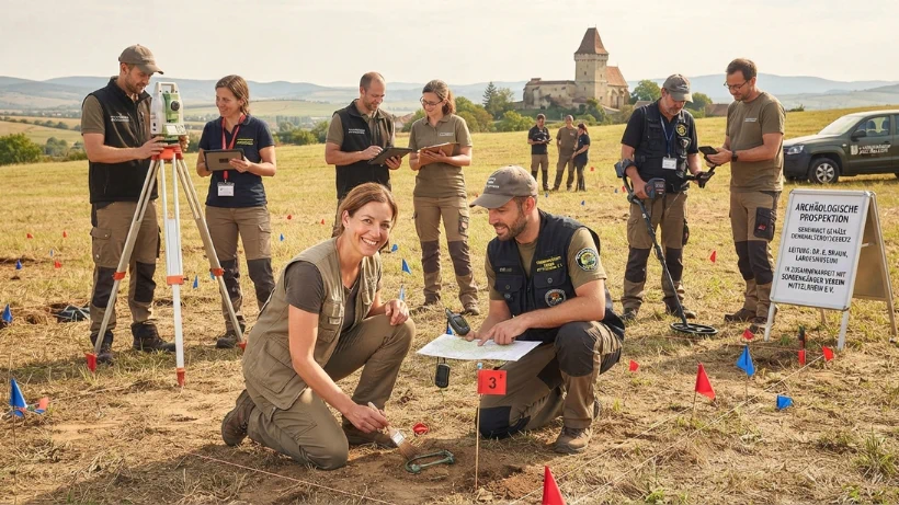 Team aus Archäologen und Sondengängern arbeitet gemeinsam bei einer offiziell genehmigten Prospektion; Vermessung, Fundmarkierungen und Dokumentation zeigen den legalen Weg ins verantwortungsvolle Sondeln.