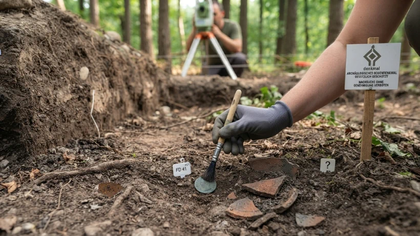 Archäologisch geschütztes Bodendenkmal im Wald mit Fundmarkierungen und Grabungsarbeiten – zeigt gesetzlich verbotene Nachforschungen ohne Genehmigung.