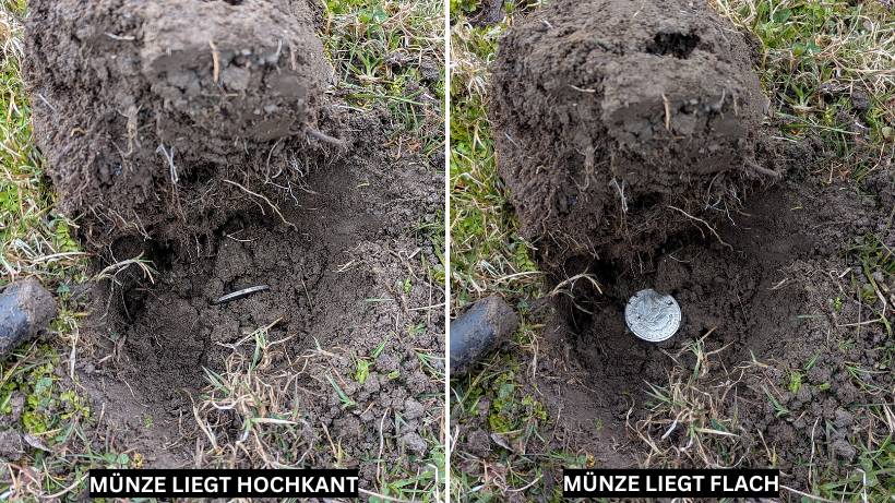 Wie eine Münze im Fundloch bei der Schatzsuche liegt, ist entscheidend für die Leitwerte, hochkant oder flach im Boden