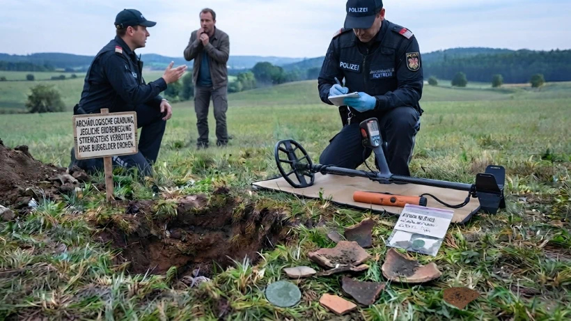 Polizei dokumentiert eine unerlaubte Grabung auf einer Wiese; Metalldetektor, Fundstücke und Verbotsschild weisen auf hohe Bußgelder und strafrechtliche Folgen beim illegalen Sondeln hin.