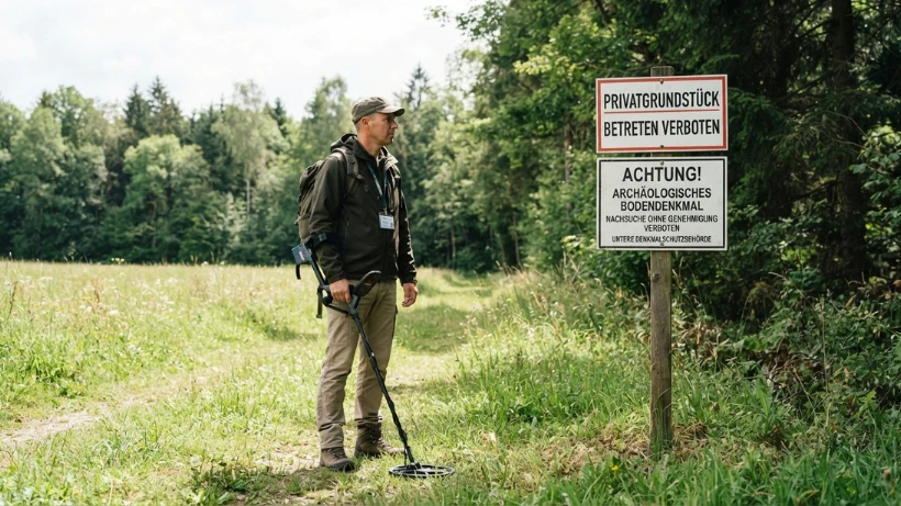 Sondeln ist erlaubt mit einer Sondeln‑Genehmigung – aber nur unter klaren gesetzlichen Vorgaben. Dieses Bild zeigt die wichtigsten Grenzen: Zivilrecht und Denkmalschutzrecht.