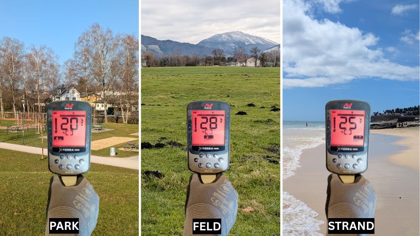 Sondel-Praxis: Eine Foto-Collage zeigt die Hand des Testers, der am Minelab X-Terra Elite zwischen den Modi Park, Feld und Strand umschaltet. Jeder Modus ist visuell mit dem passenden Suchgebiet (Park, Acker, Strand) hinterlegt.