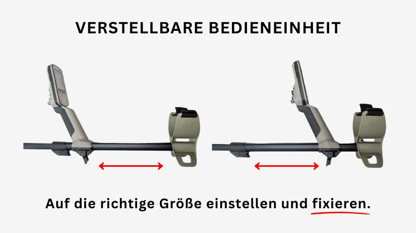 Drei Ansichten der Minelab V12X Suchspule für den X-Terra Elite mit Fokus auf den stabilen Schraubstecker durch eine rote Lupe und den Text: Sichere Schraubverbindung für maximale Signalstärke.